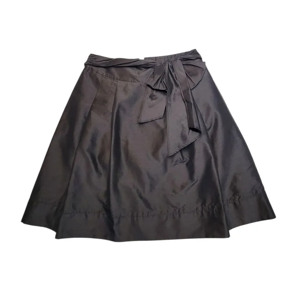 Trina Turk Silk Crepe Black A-Line Pleated Midi Skirt Bow Ties Waist Pockets
